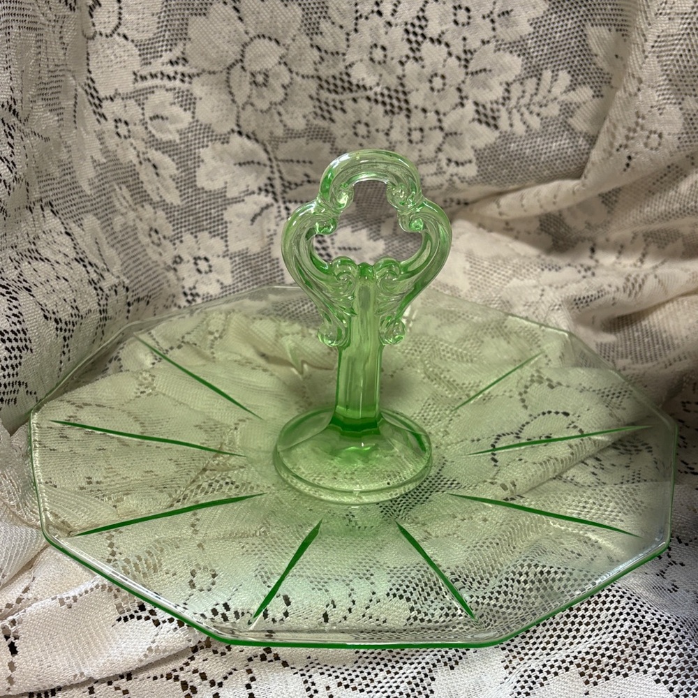 Vintage Uranium Glass Serving Dish with Keyhole Handle Decagon Depression